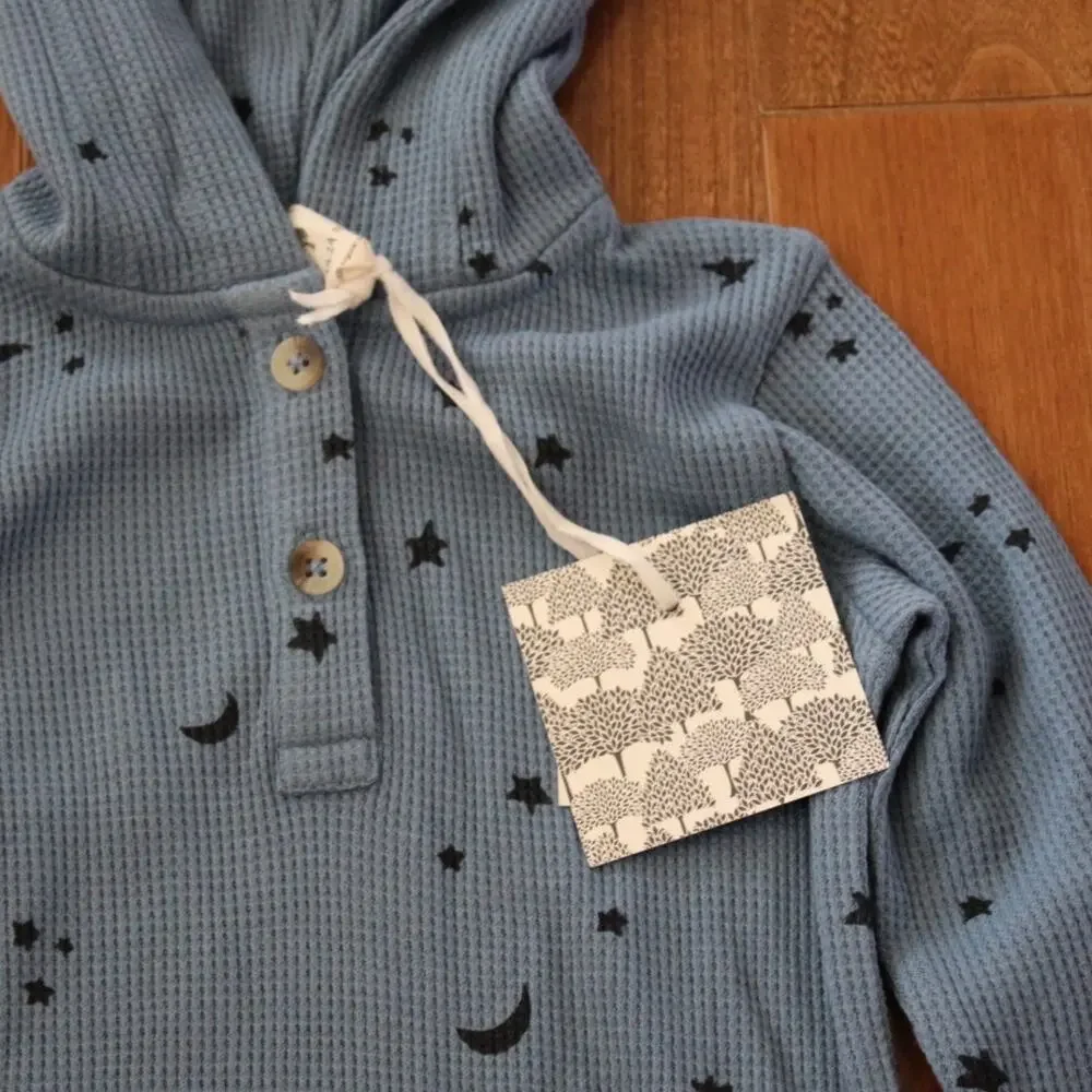 NWT Kate Quinn Star Print Hooded Long Sleeve Waffle Knit Henley Dress Blue 18-24